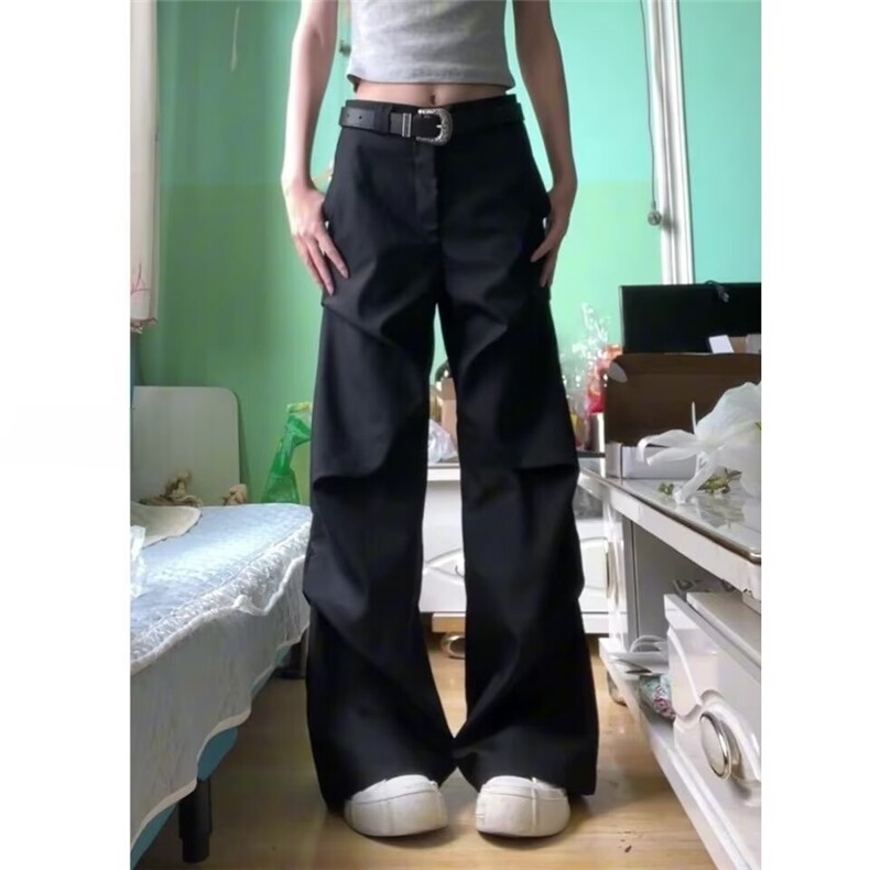 复古美式高街新款宽松直筒微喇裤子男女黑色褶皱高级感休闲西裤,男装西裤,星座601-1