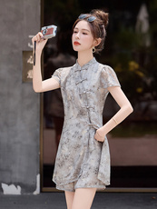 小个子新中式国风提花短裤套装2025夏季洋气减龄改良旗袍两件套女，女装套装/套裙，众宇琦