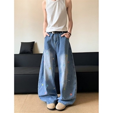 1014-1-KZ6089-P47-美式复古高街刺绣牛仔长裤港风潮流款，男装休闲裤，星座1014-1