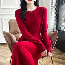 秋冬100%纯羊毛衫连衣裙女圆领坑条腰带长裙毛衣宽松羊绒衫打底裙，女装连衣裙，哲奥羊绒