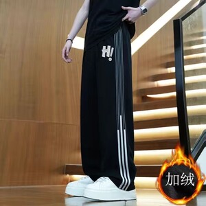 韩版秋冬休闲阔腿裤男款加绒加厚裤子印花潮流宽松卫裤百搭运动裤图片