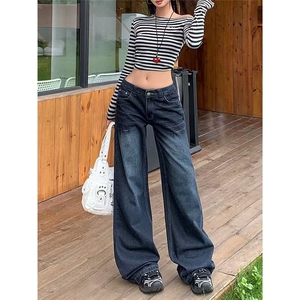 蓝灰色阔腿牛仔裤女2025秋冬新款直筒宽松辣妹显瘦微喇拖地裤,陈思成女友穿搭女微胖图片