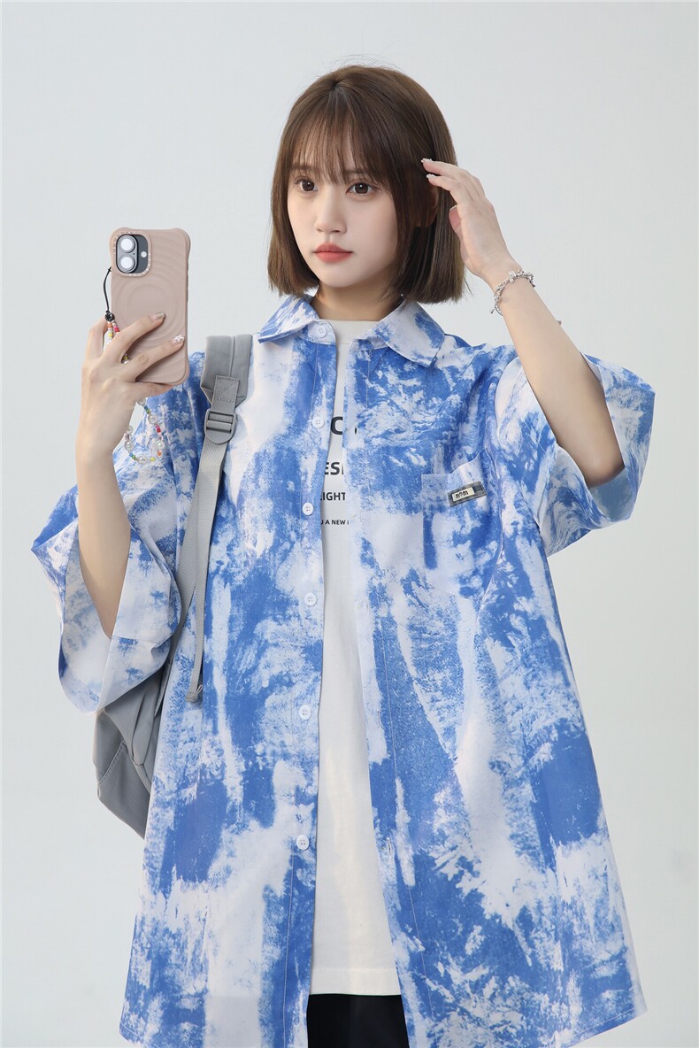 XZ-230-1CS503夏新款中性风简约轻奢水墨扎染休闲短袖衬衫P45控58,男装衬衫,星座230-1