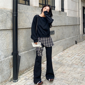 休闲运动穿搭藏蓝色卫衣套装女春秋超火好看高级感阔腿长裤两件套图片