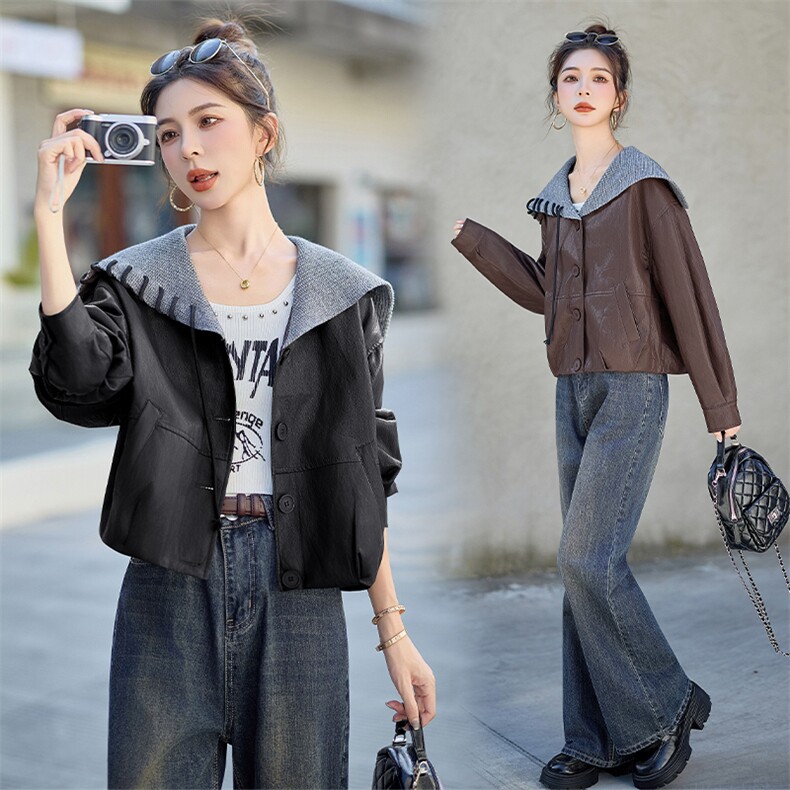 加绒皮衣外套女短款高级感机车服pu酷飒风海军领高端宽松春秋外套，女装皮衣，潮流依族