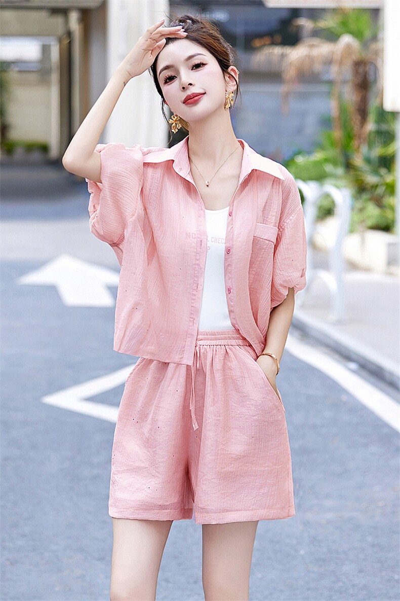 粉色短袖衬衫短裤套装女2024夏新款休闲宽松小个子洋气搭配一整套,女装套装/套裙,贵人树