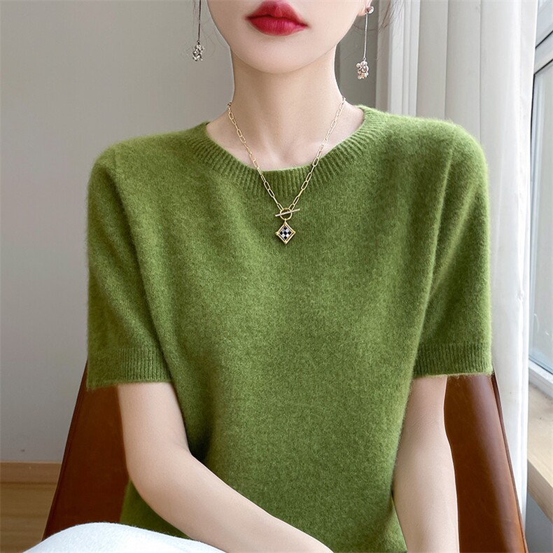 圆领短袖针织女纯色短袖简约百搭宽松套头上衣,针织衫/毛衣,戎洋