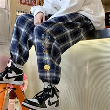 港风2024秋冬撞色格子宽松抽绳束脚运动休闲潮牌裤子2116-P45控69,男装休闲裤,星座914-3