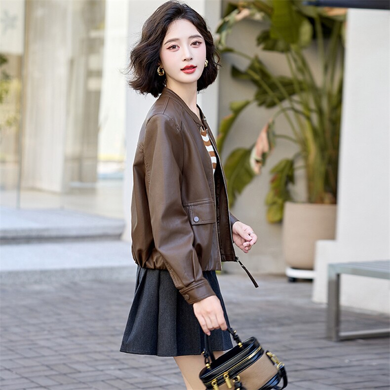 时尚立领小款皮衣外套女2025春秋新款宽松休闲气质短款皮夹克上衣,女装皮衣,魅丽静蓝
