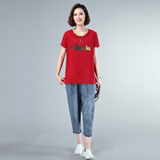 套装/套裙2021年夏季时尚圆领印花舒适牛仔裤插袋两件套，女装套装/套裙，独衣靓