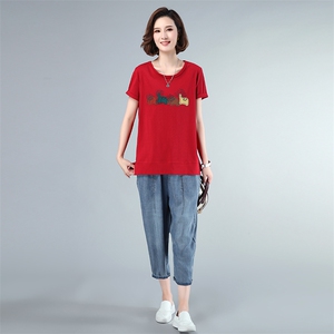套装/套裙 2021年夏季时尚圆领印花舒适牛仔裤插袋两件套图片
