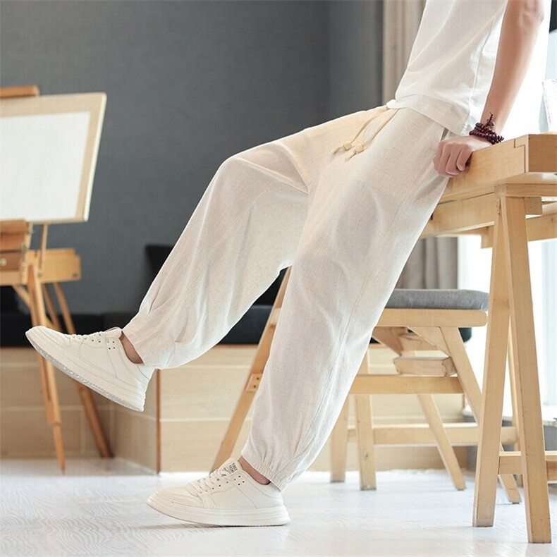夏季薄款大码风棉麻休闲哈伦裤束脚阔腿裤亚麻裤子K50/P65，男装休闲裤，电商A221A