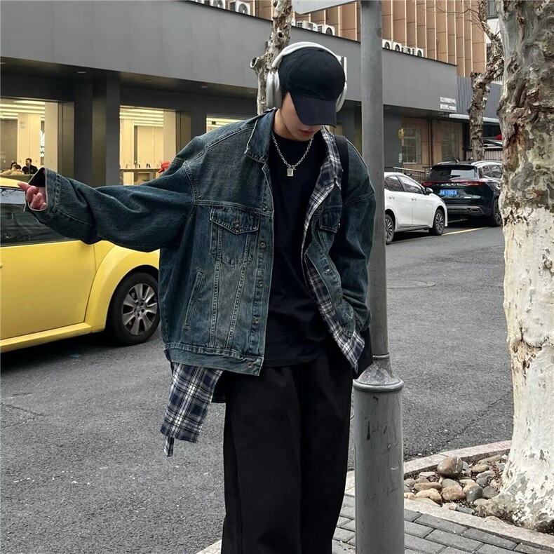 假两件拼接格子牛仔外套男潮牌炸街牛仔衣痞帅夹克网图J2563-P80,男装工装外套,星座1001-1