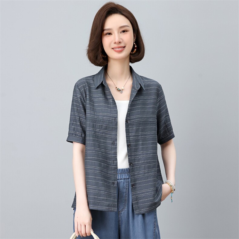 2025夏季新款时尚气质宽松显瘦休闲舒适潮流条纹上衣,女装衬衫,独衣靓