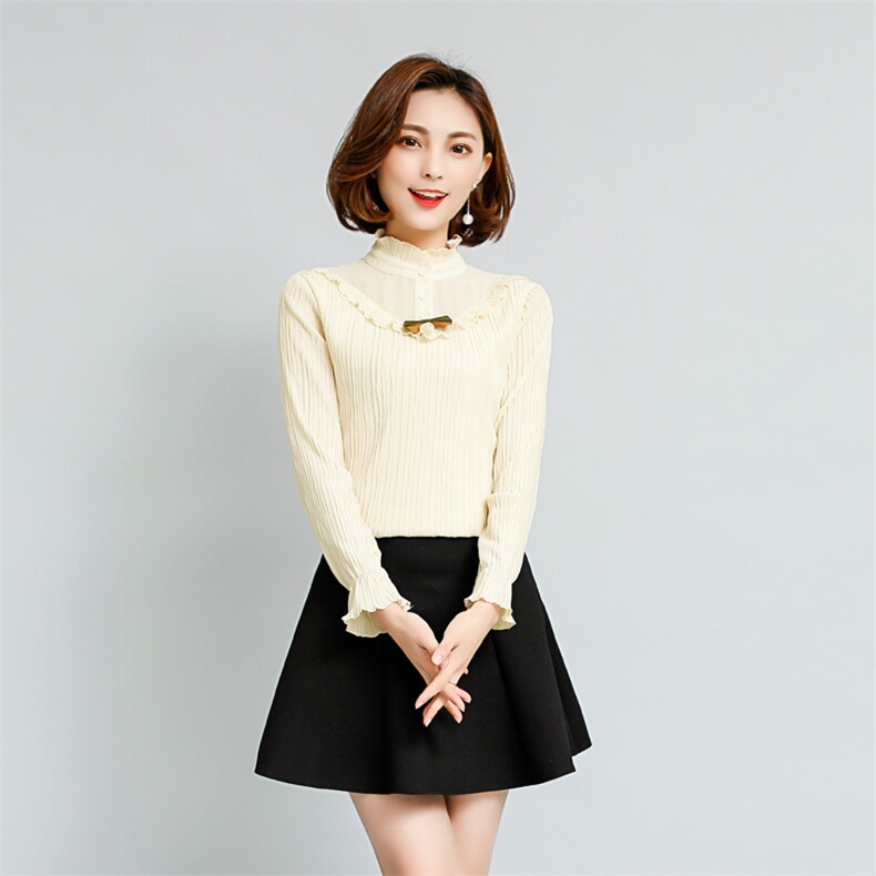 长袖圆领褶皱蕾丝衫/雪纺衫通勤其他常规单件修身2020年春季,女装蕾丝衫/雪纺衫,众宇琦