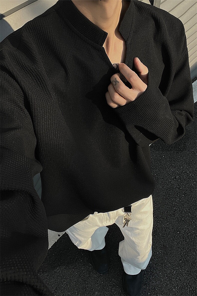 黑墙-2026春季打底衫宽松长袖T恤春装亨利领男女上衣S386特28,男装T恤,电商A233-1