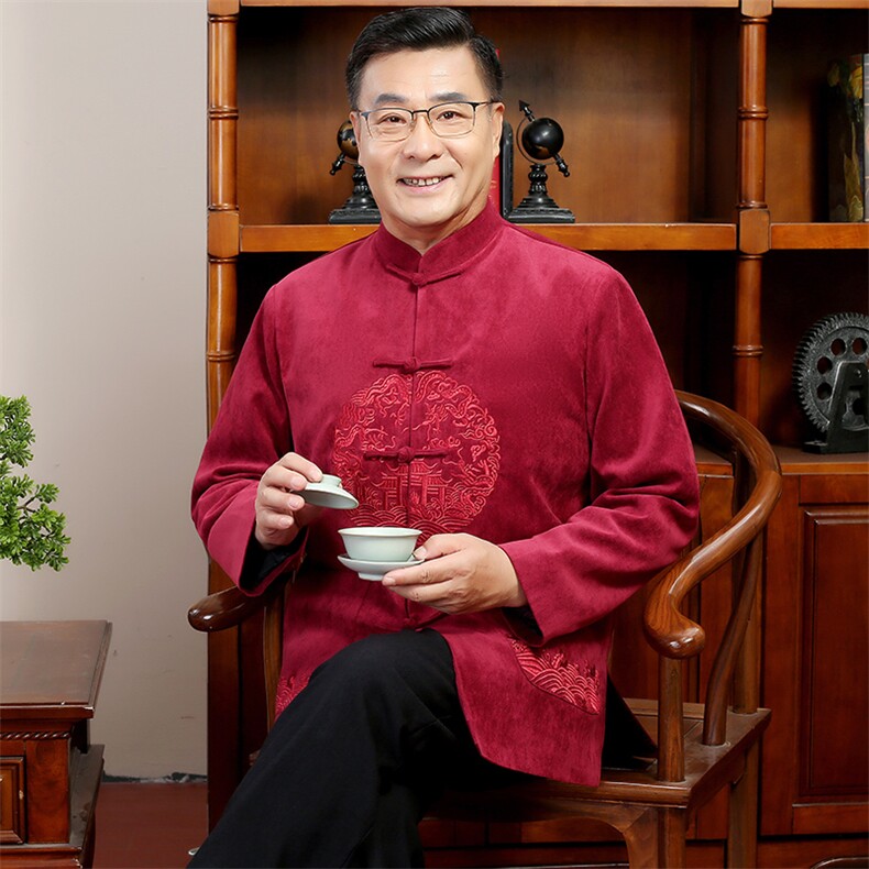 主推春款中老年风唐装外套男中式复古盘扣汉服爷爷过生日外套，男装民族服装，钱塘723