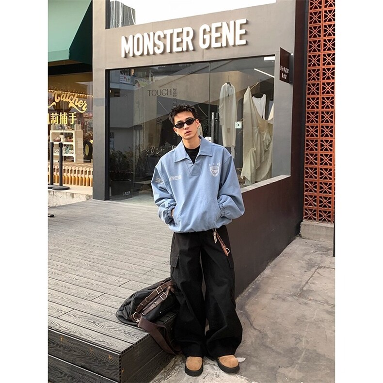 PLTH*美式覆古水洗做旧印花套头V领夹克男春季新款运动训练服外套,男装夹克,星座506A