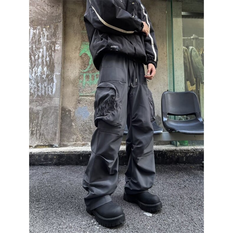 港风秋款男工装裤褶皱大口袋微喇叭机车休闲长裤H9670P55,男装休闲裤,星座1013-1