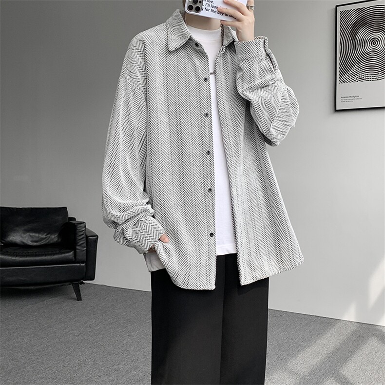 8XL-M人字纹小香风衬衫男生春秋衬衣宽松慵懒垂感外套CS29008P45,男装衬衫,电商B312