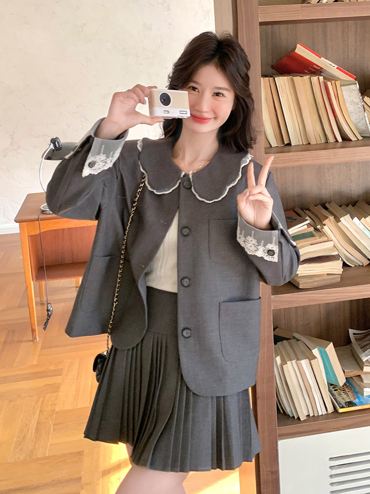 灰色娃娃领西装套装裙女2025春季新款韩系学院风减龄百褶裙两件套,女装套装/套裙,浙宝103（原192）