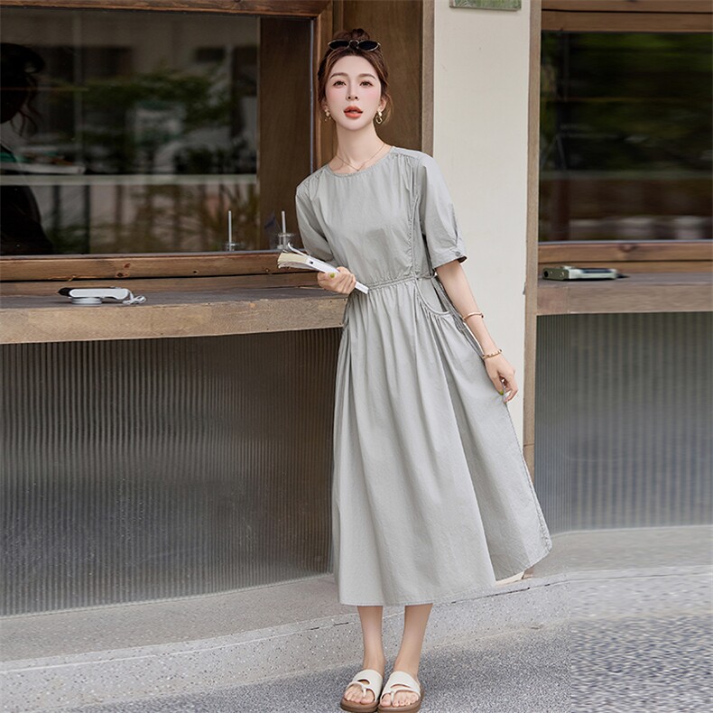 纯棉连衣裙女2025夏季新款韩版收腰显瘦广州十三行爆款中长款裙子,女装连衣裙,米莱