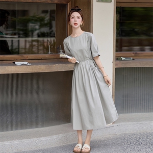 纯棉连衣裙女2025夏季新款韩版收腰显瘦广州十三行爆款中长款裙子图片