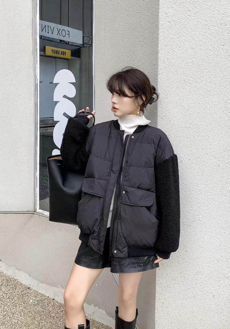 现货羊羔毛拼接羽绒服，女装羽绒服，爱美欧