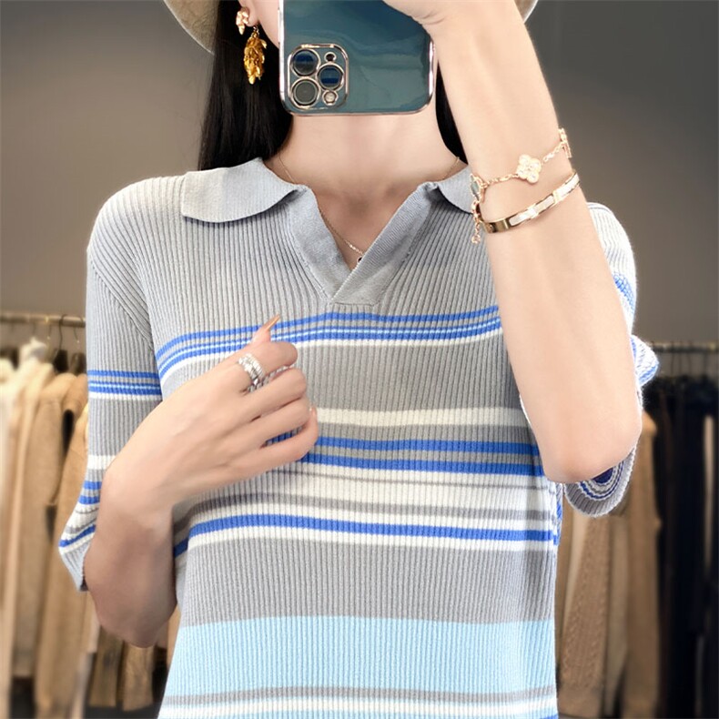 时尚女装彩条POLO领短袖冰丝针织衫显瘦百搭夏季新款上衣,针织衫/毛衣,萱芳婷羊绒