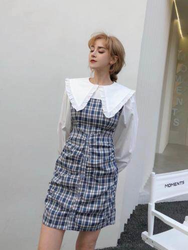 娃娃领下摆褶皱连衣裙，女装连衣裙，H101