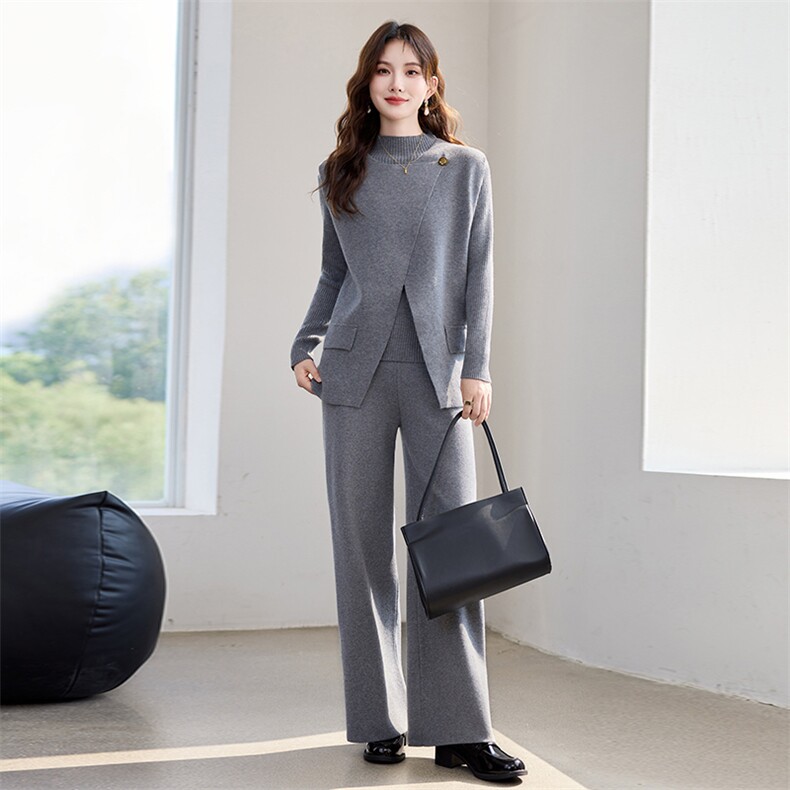 主推跑量现货！秋季新款休闲简约风圆领一粒扣腰带款三件套裤女，女装套装/套裙，宝儿家