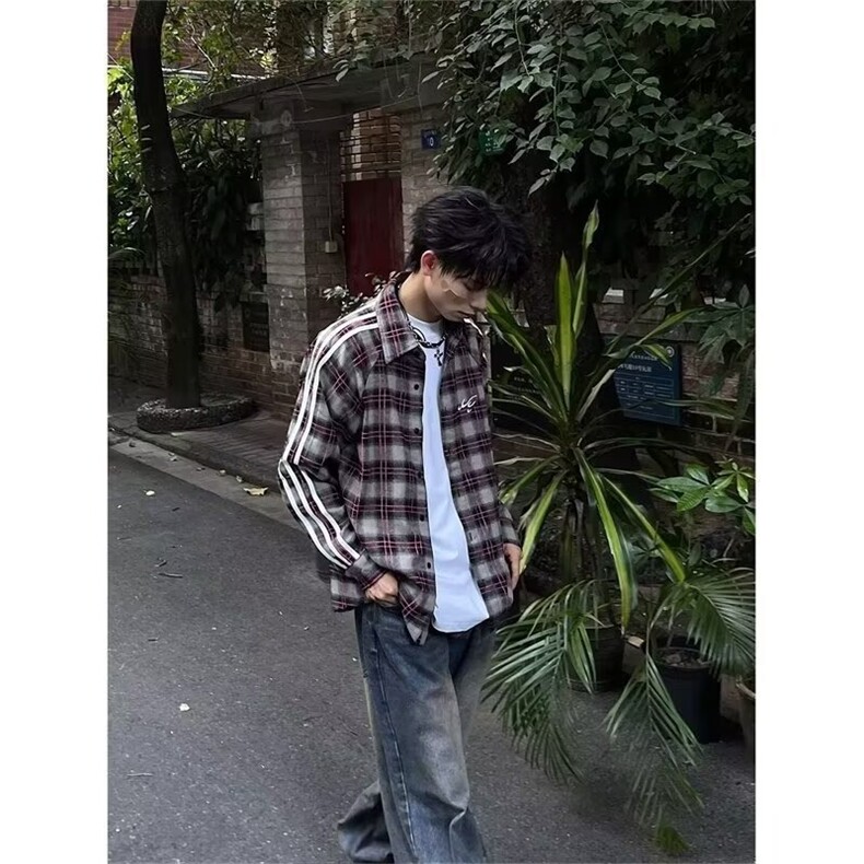美式潮牌春秋撞色条纹格子衬衫网络图,男装衬衫,星座410-6（原星座1304-1）