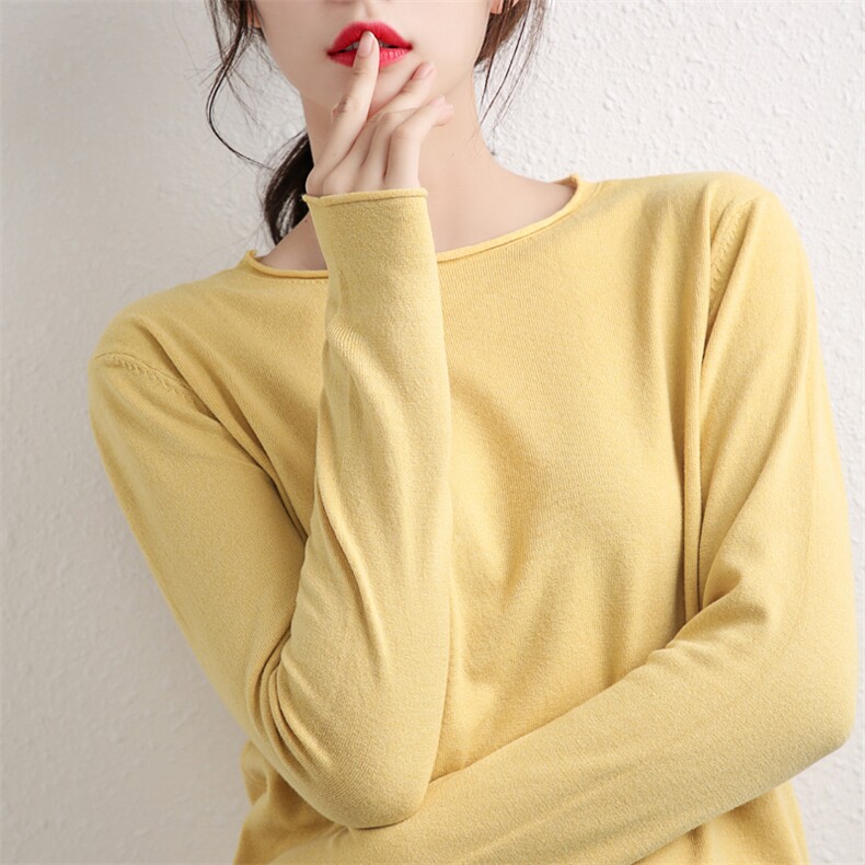圆领纯色针织衫女短款套头打底衫毛衣内搭长袖显瘦百搭打底衫,针织衫/毛衣,春韵羊绒