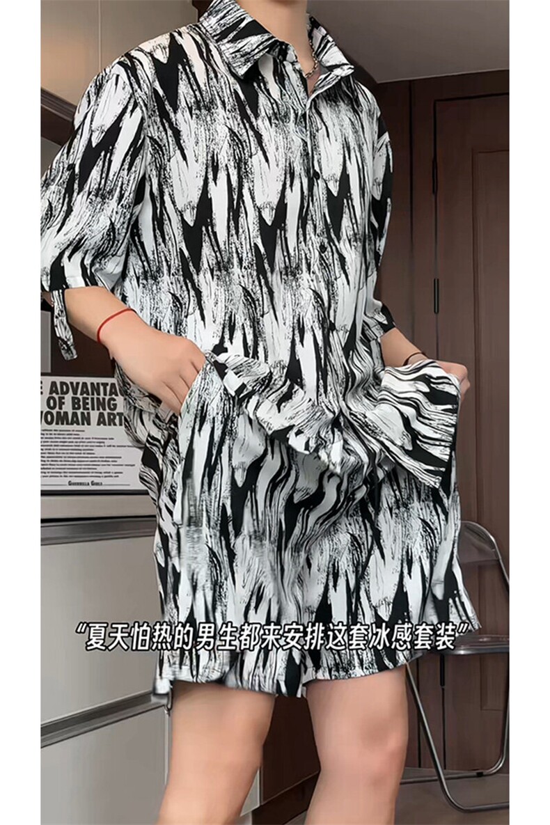 短袖衬衫男+短裤男套装男100%聚酯纤维M-5XL大码TZ78721P50控98,男装牛仔裤,星座226-1