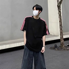 抖音得物品质二开240克宽松纯棉美式潮牌印花三条杠中性风短袖T恤，男装T恤，电商A486