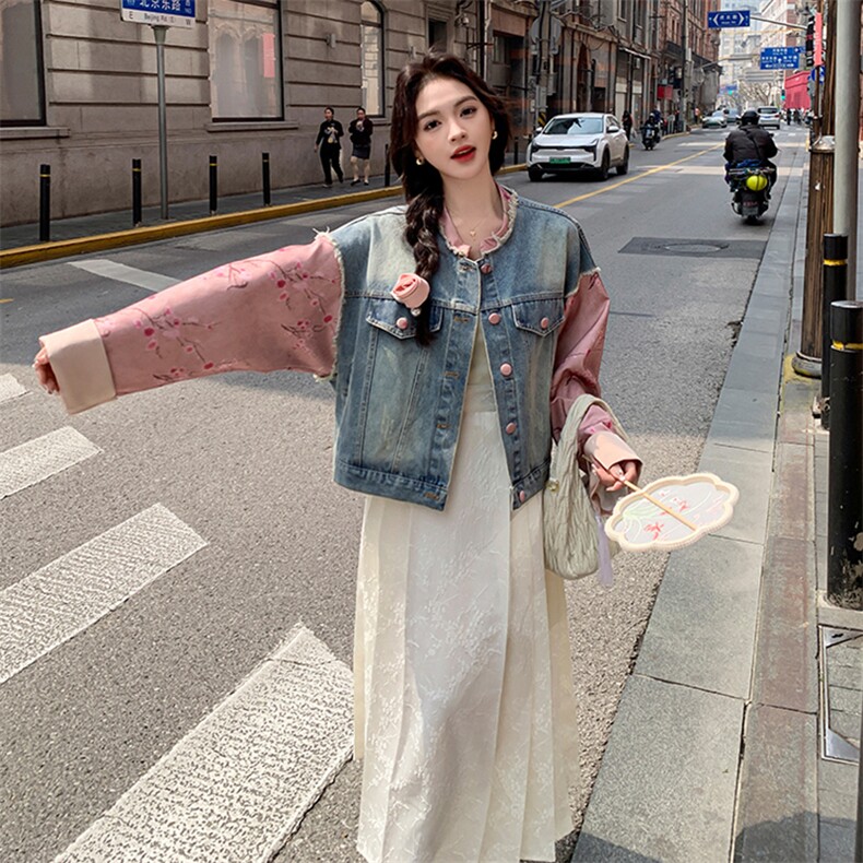 新中式风粉色碎花拼接牛仔外套女春秋2025新款小个子夹克巨好看,女装短外套,2C105
