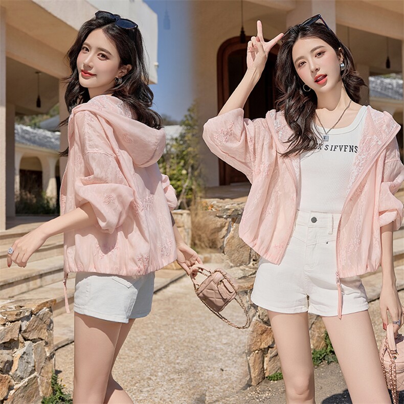 韩版刺绣连帽蕾丝防晒衣女2025春夏新款甜美小个子轻薄洋气短外套，女装短外套，深水步