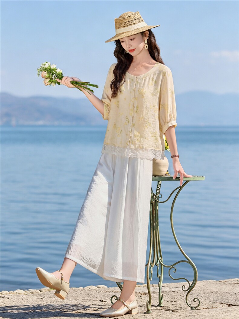2026年夏季时尚气质印花小衫阔腿裤两件套女,女装套装/套裙,依路服饰
