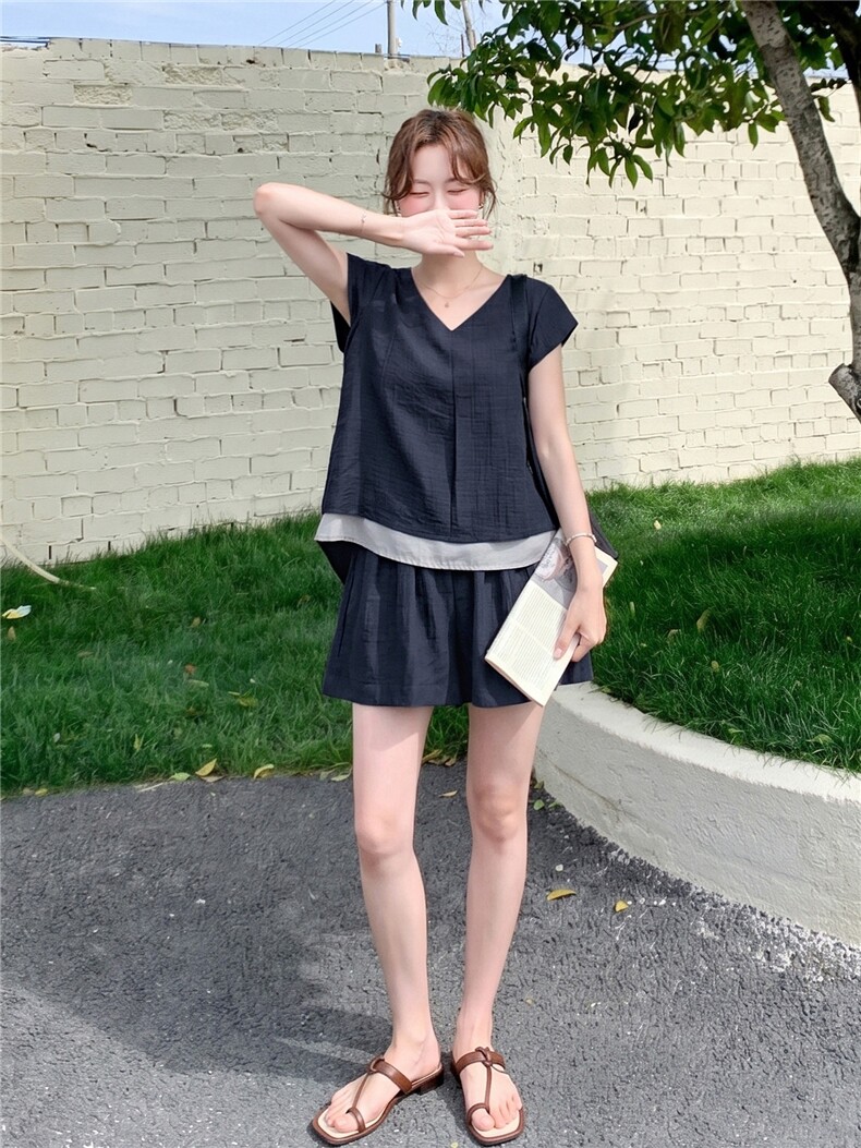 时尚潮流休闲运动纯色两件套2026年夏季轻薄撞色宽松型,女装套装/套裙,秀美人生