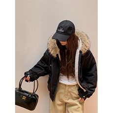 现货重磅boxy短款棉衣座山雕大毛毛领男女棉服水洗工装厚外套，男装棉衣，电商A486-1
