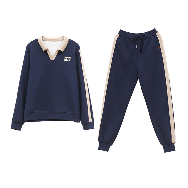 时尚休闲翻领绣花撞色套装显瘦百搭长袖运动服两件套,女装套装/套裙,依恋蒂丝