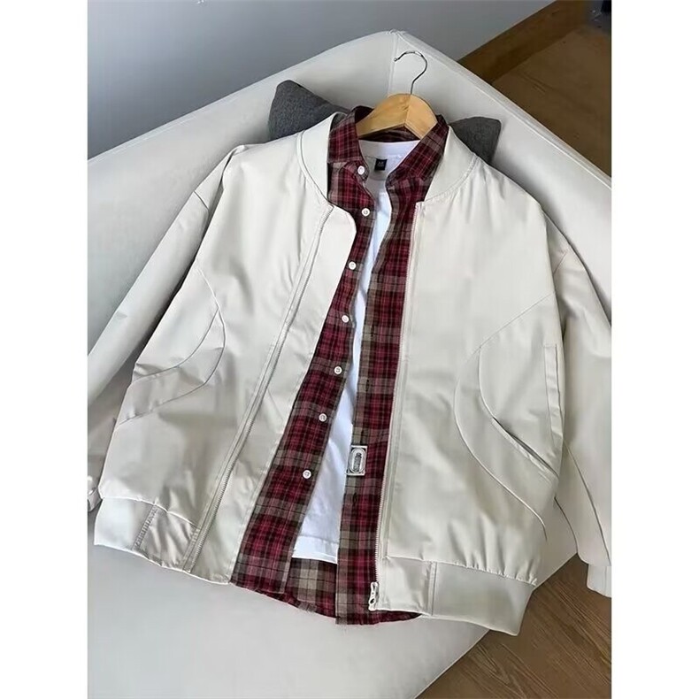 简约宽松型方领春季长袖常规款卡其色飞行员夹克外套男W6352-P43图片