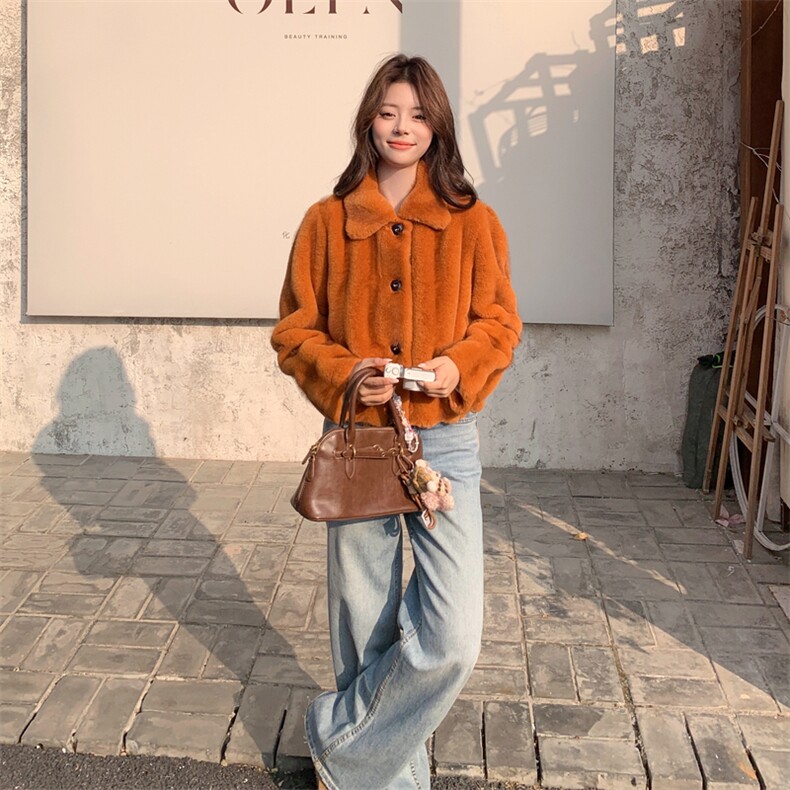 南瓜色秋冬皮毛一体外套女仿水貂绒休闲上衣2C353--719#P190K288,女装短外套,2C353