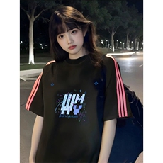 抖音得物品质二开240克宽松纯棉美式潮牌印花三条杠中性风短袖T恤，男装T恤，电商A486