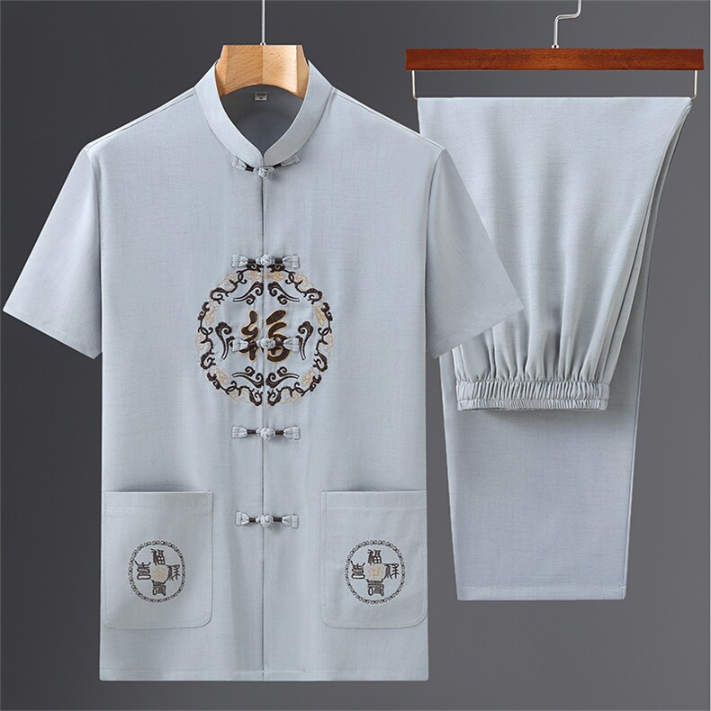 风男士套装衣服短袖唐装汉服夏季葫芦绣两件套t恤CM-P95,男装民族服装,星座1105-3