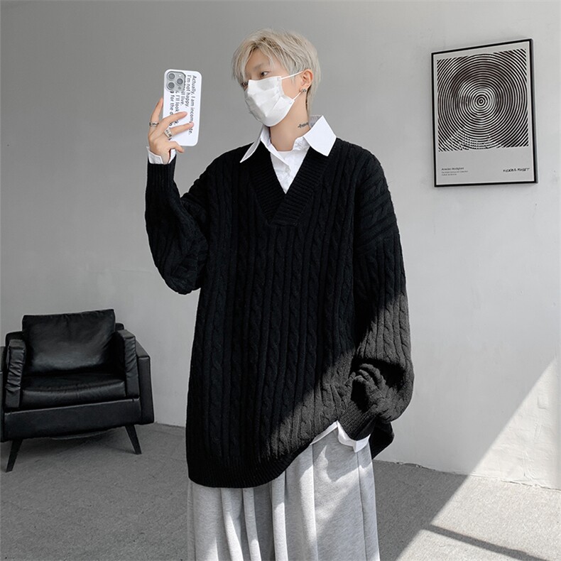 假两件衬衫领毛衣男秋冬宽松慵懒风韩系麻花针织衫外套MY19003P78图片
