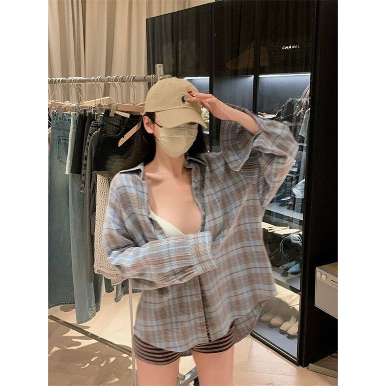 TC617-P45格纹衬衫外套女2026春季设计感小众翻领长袖宽松衬衣图片