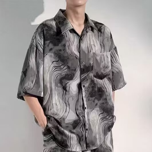 3720-P24夏季新款水墨扎染冰丝短袖衬衫男衬衣套装,男装休闲套装,电商B323A