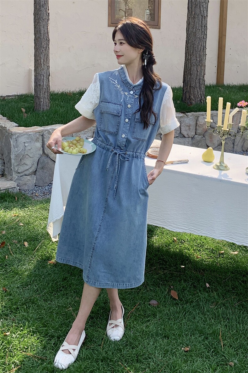 时尚显瘦夏季牛仔连衣裙中长款女清新减龄无袖刺绣设计百搭休闲风,女装连衣裙,秋水欣儿