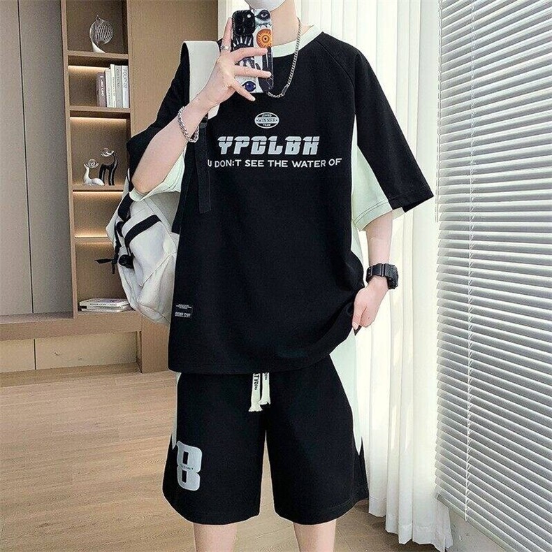 TZ25333-P55夏季休闲T恤短裤男两件套青少年学生运动短袖套装,男装牛仔裤,电商D310B